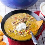 Taco corn chowder with cheese is a simple and delicious one-pot weeknight dinner. It's perfect for a cool Fall night, and it's a great Thermos lunch! | recipe from Chattavore.com