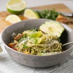 This creamy avocado-lime pasta, topped with shredded basil, is a simple, quick, and delicious vegetarian lunch or dinner! | Recipe from Chattavore.com