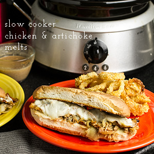 Slow cooker chicken and artichoke melts are so simple but incredibly gooey, cheesy, and tasty! | recipe from chattavore.com