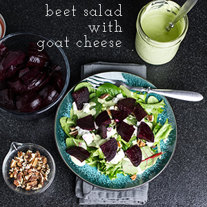 This beet salad with goat cheese is fresh and full of vibrant flavors. A homemade green goddess dressing ties the whole thing together! | recipe from Chattavore.com