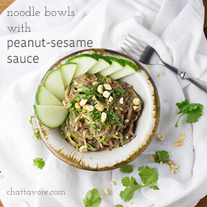 Noodle bowls with peanut-sesame sauce are a quick, simple, and delicious vegetarian meal that is sure to please even your picky eaters. I mean, they're made with peanut butter. How could you go wrong? | recipe from Chattavore.com