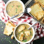 With mushrooms, rice, and a little bit of sherry and milk, this homemade cream of mushroom soup is easy and comforting. Swiss-Parmesan toast completes the meal! | Recipe from Chattavore.com